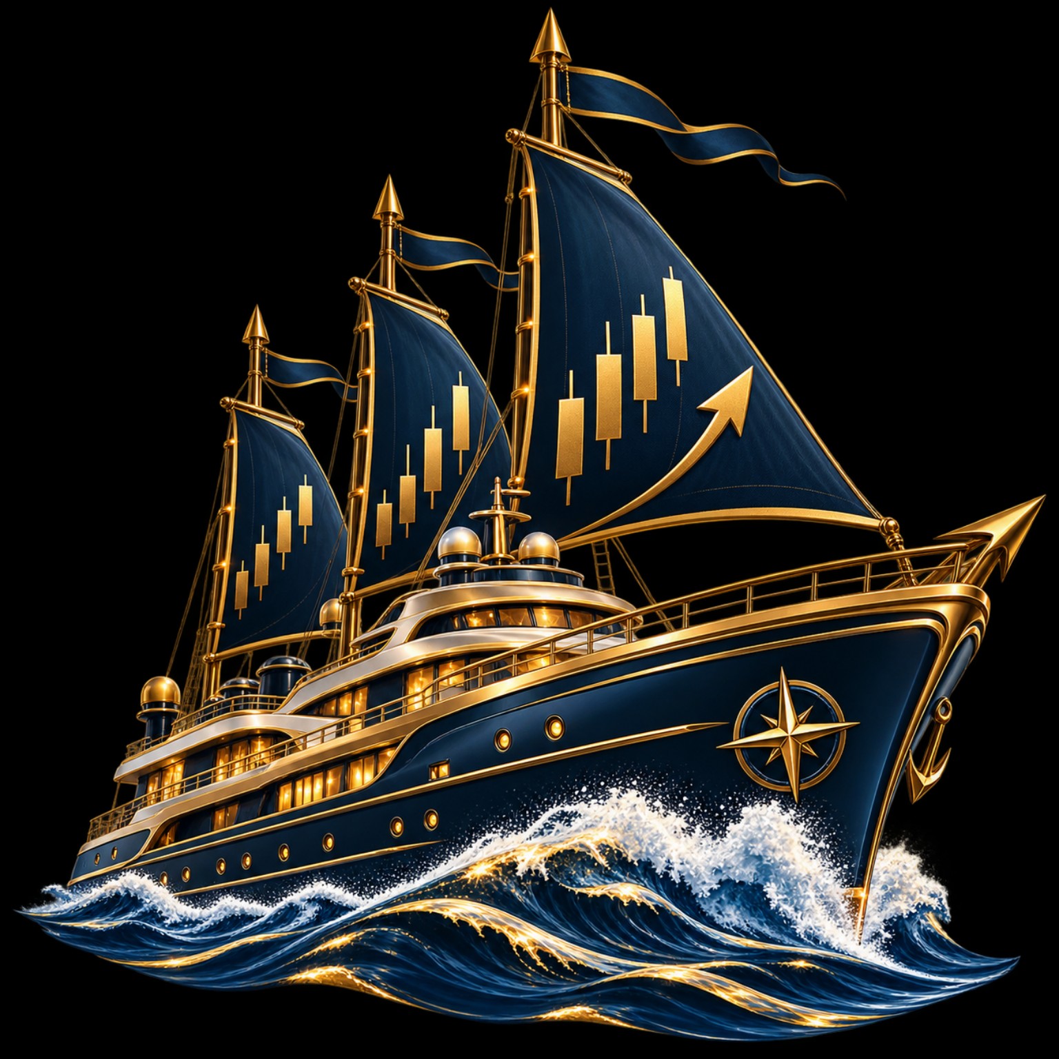 Gold-trimmed Stonk Nautica ship with navy sails
